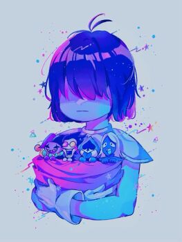 1other 4boys :d blue_hair blue_skin blue_tongue chibi colored_skin colored_tongue deltarune g_c_hori gloves hair_over_eyes hat heterochromatic_eyewear heterochromia jester_cap jevil kris_(dark_world)_(deltarune) kris_(deltarune) lancer_(deltarune) multiple_boys multiple_others open_mouth pink_scarf rouxls_kaard scarf short_hair simple_background smile spamton_g._spamton tinted_eyewear tongue tongue_out upper_body utdr_(toby_fox) white_gloves