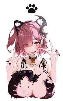 1girl absurdres animal_ears bell black_bra black_choker black_nails blood blush bra breasts cat_cutout cat_ears cat_lingerie choker clothing_cutout collarbone cropped_torso double_v ear_piercing eyes_visible_through_hair fingernails frilled_bra frills goddess_of_victory:_nikke hair_over_one_eye highres horns large_breasts liquid_clothes long_fingernails looking_at_viewer menomeno_draw neck_bell nosebleed one_side_up paw_print piercing pink_hair red_eyes short_hair single_horn solo tattoo tongue tongue_out underwear v white_background ziz_(nikke)