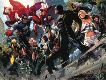 4girls 6+boys aircraft arc_reactor armor avengers_(series) bald black_hair black_leotard black_shirt blonde_hair blue_bodysuit bodice bodysuit breasts brown_hair captain_america captain_america_(series) carol_danvers city cleavage colossus_(x-men) commentary cowl cryokinesis cyclops_(x-men) dark-skinned_female dark-skinned_male dark_skin day domino_mask emma_frost english_commentary eye_mask facial_hair father_and_son gambit gloves green_bodysuit highres holding holding_shield holding_staff holding_weapon iceman_(x-men) iron_man iron_man_(series) jim_cheung landing large_breasts leotard long_hair luke_cage magneto marvel mask metal_skin midriff ms._marvel multicolored_armor multicolored_bodysuit multiple_boys multiple_girls multiple_persona muscular muscular_male navel official_art pants pietro_maximoff quicksilver_(marvel) red_armor red_bodysuit red_sash rogue_(x-men) sash scarf scott_summers shield shirt spider-man spider-man_(series) spider_web_print staff steve_rogers storm_(x-men) stubble superhero_costume third-party_source tony_stark weapon western_comics_(style) white_bodice white_hair white_pants white_scarf wolverine_(x-men) wonder_man_(marvel) x-men yellow_armor