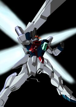 absurdres after_war_gundam_x armor beam_cannon black_background chest_cannon commentary from_below glowing green_eyes gundam gundam_x hand_up highres holding_cannon kds_(0049) mecha mecha_focus mobile_suit robot satellite_cannon v-fin