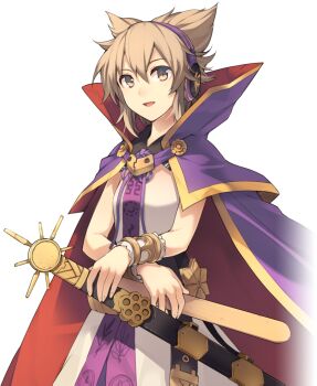 Rule 34 | 1girl, artist request, blonde hair, bracelet, cape, dress, earmuffs, game cg, jewelry, labyrinth of touhou (series), labyrinth of touhou 2, looking at viewer, official art, open mouth, pointy hair, purple cape, red cape, ritual baton, sheath, sheathed, short hair, sleeveless, sleeveless dress, smile, solo, sword, third-party source, touhou, toyosatomimi no miko, transparent background, two-sided cape, two-sided fabric, weapon, yellow dress, yellow eyes