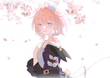 1girl bare_shoulders blue_eyes breasts cherry_blossoms coat commentary cyrene_(aedes_elysiae)_(honkai:_star_rail) cyrene_(honkai:_star_rail) dress falling_petals from_side hair_ornament highres honkai:_star_rail honkai_(series) looking_at_viewer parted_lips petals purple_coat small_breasts smile solo ssamsa0404 white_background white_dress