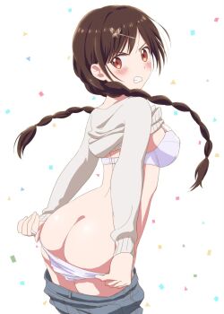 1girl angry arched_back ass blush bra braid breasts brown_eyes brown_hair butt_crack butterfly_hair_ornament clothes_lift clothes_pull from_behind hair_ornament kanojo_okarishimasu komatsu_(sakanae) long_hair looking_at_viewer looking_back mizuhara_chizuru mooning nipples panties panty_pull purple_bra purple_panties solo sweater sweater_lift twin_braids underwear v-shaped_eyebrows white_background