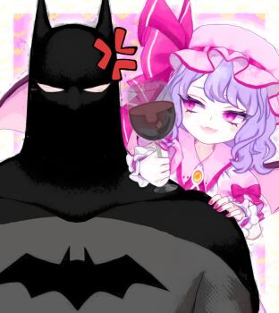 anger_vein angry batman batman_(series) batman_symbol black_cape blue_hair bodysuit brooch cape dc_comics fangs grey_bodysuit hat hat_ribbon highres jewelry mask mikumikudance_(medium) mob_cap multicolored_bodysuit pink_hat remilia_scarlet ribbon smug superhero_costume touhou two-tone_bodysuit vampire wrench_(superwrenching) wrist_cuffs