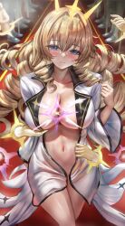 Rule 34 | 1girl, blonde hair, blue eyes, breasts, cleavage, collarbone, collared shirt, commentary, crown (naked king) (nikke), crown (nikke), disembodied limb, drill hair, goddess of victory: nikke, highres, himonoata, large breasts, long hair, looking at viewer, naked shirt, navel, official alternate costume, open clothes, open shirt, parted lips, red carpet, shirt, smile, solo, sparkle hair ornament, too many drills, walking