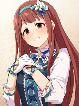 Rule 34 | 1girl, blue dress, blue hairband, blunt bangs, bodice, breasts, brown background, brown eyes, brown hair, collar, commentary request, dot nose, dress, flower, frilled collar, frills, gloves, gradient background, grin, hair flower, hair ornament, hairband, hands on own chest, highres, idolmaster, idolmaster million live!, idolmaster million live! theater days, light blush, long hair, looking at viewer, medium breasts, neck ribbon, own hands together, revision, ribbon, shirt, sidelocks, smile, solo, straight hair, tanaka kotoha, three-quarter sleeves, uccow, upper body, white gloves, white shirt