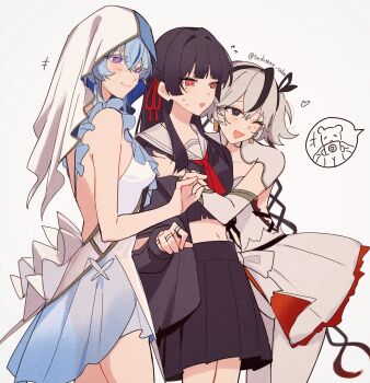 3girls arm_cutout black_eyes black_hair blue_hair blue_veil blush breasts camellya_(wuthering_waves) chisa_(wuthering_waves) closed_mouth clothing_cutout commentary_request cropped_legs dress earrings flower gold_earrings hair_between_eyes hair_flower hair_ornament hair_ribbon hair_vines highres hug jewelry long_hair long_sleeves medium_breasts mole mole_under_eye multiple_girls namipon_(wuthering_waves) neckerchief open_mouth red_neckerchief red_pupils red_ribbon ribbon sadomne_sabu sailor_collar shorekeeper_(wuthering_waves) short_hair smile taking_picture two-tone_veil veil white_dress white_hair white_sailor_collar white_veil wuthering_waves yellow_eyes