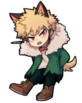 1boy animal_collar animal_ears bakugou_katsuki boku_no_hero_academia boots brown_boots brown_hair chibi chibi_only collar commentary commentary_request english_commentary full_body fur-trimmed_jacket fur_trim hair_between_eyes jacket kookirani looking_at_viewer male_focus red_eyes shirt signature simple_background solo tail white_background white_shirt wolf_ears wolf_tail