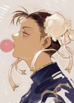 1girl absurdres blowing_bubble_gum blue_dress brown_eyes brown_hair bun_cover capcom chewing_gum china_dress chinese_clothes chun-li double_bun dress earrings from_side grey_background hair_bun highres jewelry p_(pm_611a) pearl_earrings portrait profile ribbon simple_background solo street_fighter street_fighter_ii_(series) upper_body white_ribbon