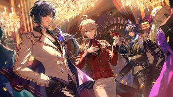 2girls 5boys alternate_costume animal_ear_fluff animal_ears bat_ears black_gloves black_pants black_shirt blue_eyes blue_hair chandelier closed_mouth cup dark-skinned_male dark_skin drinking_glass earrings eyepatch facial_mark genshin_impact gloves hair_between_eyes heterochromia highres holding holding_cup holding_mask hoyofair jacket jewelry kaedehara_kazuha kaeya_(genshin_impact) koujisako long_hair long_sleeves male_focus mask multicolored_hair multiple_boys multiple_girls necktie official_art ororon_(genshin_impact) pants ponytail red_eyes red_hair red_jacket red_mask red_necktie second-party_source shirt smile streaked_hair white_hair white_shirt wine_glass