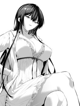1girl breasts collarbone crossed_legs greyscale haite_kudasai_takamine-san hand_on_own_hip highres hiiragi_yuuichi jacket large_breasts long_hair monochrome nightgown open_clothes open_jacket parted_lips ribbon sitting solo takamine_takane