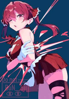 1girl absurdres ascot blush breasts bun_(bun_5u) cleavage commentary_request crossed_arms from_side gloves hair_between_eyes highres hololive houshou_marine houshou_marine_(1st_costume) large_breasts long_hair looking_at_viewer no_eyepatch one_eye_closed open_mouth pirate red_ascot red_eyes red_hair shirt simple_background single_tear single_thighhigh skirt sleeveless sleeveless_jacket smile solo thick_thighs thighhighs thighs torn_clothes torn_gloves torn_shirt torn_thighhighs twintails virtual_youtuber white_gloves