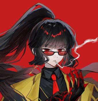 Rule 34 | 1girl, black gloves, black hair, black shirt, blood, blood on hands, bochishiraita, cigarette, coat, collared shirt, contempt awe (e.g.o), e.g.o (project moon), earrings, gloves, highres, jewelry, limbus company, long hair, looking at viewer, n corp. e.g.o (identity) (project moon), necktie, ponytail, project moon, red-tinted eyewear, red background, red eyes, red necktie, ryoshu (project moon), shirt, simple background, single earring, smoking, solo, sunglasses, tinted eyewear, upper body, yellow coat