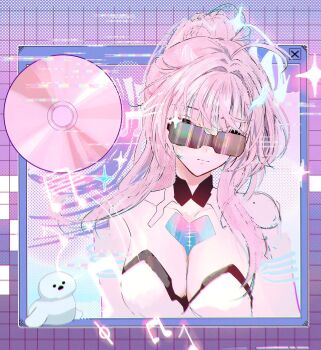 1girl aemeath_(wuthering_waves) bare_shoulders breasts chromatic_aberration cleavage closed_mouth disc facing_viewer glint highres long_hair medium_breasts musical_note pink_hair ponytail rin0_(gujrv) solo tacet_mark_(wuthering_waves) upper_body wuthering_waves