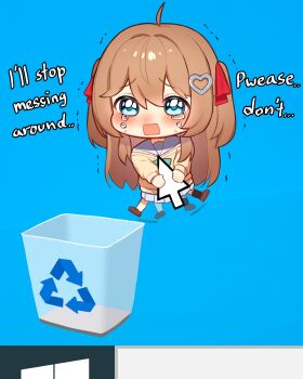 1girl absurdres ahoge aqua_bow aqua_bowtie black_thighhighs blue_background blue_eyes blue_sailor_collar blue_skirt bow bowtie broken_heart broken_heart_hair_ornament brown_hair brown_shoes cardigan chibi chibi_only crying cursor english_text full_body hair_between_eyes hashtag-only_commentary heart highres lavidi long_hair long_sleeves looking_at_viewer microsoft_windows neuro-sama pleated_skirt sailor_collar shoes single_thighhigh skirt solo thighhighs trash_can trembling vedal_ai virtual_youtuber windows_10 yellow_cardigan