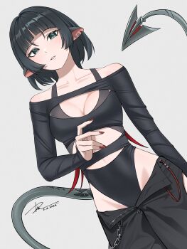1girl animal_ears black_hair black_pants breasts cleavage clothes_pull collarbone commentary dai_(tdaitw) dated dutch_angle fingernails green_eyes highres jane_doe_(zenless_zone_zero) long_hair looking_at_viewer mouse_ears mouse_girl mouse_tail pants pants_pull red_nails signature smile solo standing tail zenless_zone_zero