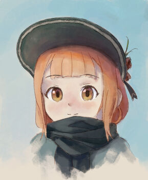 Rule 34 | 1girl, beatrice (princess principal), black hat, blue background, brown eyes, brown hair, hat, highres, light smile, portrait, princess principal, reddizen, short hair, simple background, sketch, solo