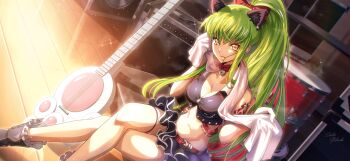 1girl animal_ear_fluff animal_ears arm_tattoo artist_request bare_shoulders belt black_boots black_shirt black_skirt boots bow bowtie breasts c.c. cat_ears cat_girl chromatic_aberration cleavage code_geass code_geass:_lost_stories collarbone crop_top cropped_legs crossed_legs drum dutch_angle earrings english_text female_focus frilled_footwear game_cg green_hair guitar hair_between_eyes hair_bow hands_up high_ponytail highres holding holding_towel indoors instrument instrument_case jewelry legs locket long_hair looking_at_viewer medium_breasts midriff miniskirt navel non-web_source official_art on_bench parted_lips pendant plaid_bow ponytail red_bow red_bowtie shirt sidelocks simple_background single_earring sitting skirt sleeveless sleeveless_shirt solo sparkle speaker steam steaming_body stomach sweat tattoo teeth thigh_strap thighs towel towel_around_neck transparent_background very_long_hair wiping_face wooden_floor yellow_eyes