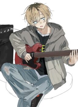 1boy black_eyes black_shirt blue_pants brown_hair denim earrings grey_jacket guitar hair_between_eyes highres hood hood_down hooded_jacket instrument jacket jeans jewelry long_sleeves looking_down male_focus multicolored_hair music open_mouth original pants playing_guitar playing_instrument roots_(hair) shirt short_hair sini_user solo torn_clothes torn_jeans torn_pants white_background