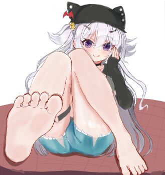 1girl :q absurdres arrow_hair_ornament barefoot beanie black_choker black_hat black_shirt blue_shorts blush choker closed_mouth commentary_request cutoffs denim denim_shorts eyes_visible_through_hair feet foot_focus full_body grey_hair hair_between_eyes hair_ornament hand_up hat highres knees_together_feet_apart knees_up legs long_hair looking_at_viewer o-ring o-ring_thigh_strap presenting_foot purple_eyes rebeccakruger61 ren'ai_hajimemashite shirt shorts simple_background sitting sketch sleeves_past_wrists smile soles solo star_(symbol) star_hair_ornament tenshi-chan_(ren'ai_hajimemashite) thigh_strap thighs toes tongue tongue_out two_side_up very_long_hair white_background