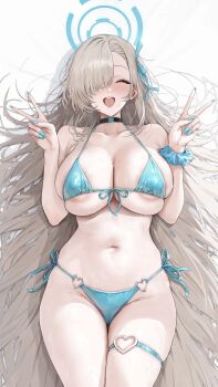 1girl akita_hika aqua_bikini aqua_halo aqua_nails aqua_ribbon areola_slip asuna_(blue_archive) bikini black_choker blue_archive blush breasts choker cleavage closed_eyes collarbone commentary_request dakimakura_(medium) double_v fingernails front-tie_bikini_top front-tie_top grey_hair hair_over_one_eye hair_ribbon halo hands_up highres long_fingernails long_hair lying mole mole_on_breast nail_polish navel on_back one_eye_covered open_mouth ribbon side-tie_bikini_bottom skindentation smile solo stomach swimsuit thigh_strap thighs underboob v
