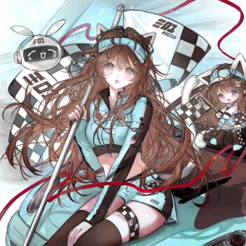 1girl animal_ears blue_eyes brown_hair checkered_flag chibi crop_top flag hair_ornament highres holding holding_flag long_hair long_sleeves looking_at_viewer midriff official_alternate_costume open_mouth original parted_lips race_queen red_ribbon ribbon shirt shorts sitting solo tail thigh_strap thighhighs very_long_hair visor_cap wuyu16