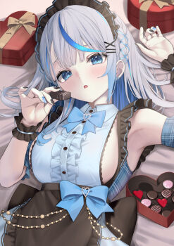 Rule 34 | 1girl, absurdres, alternate costume, amagai ruka, apron, arale (ara1e), armpits, back bow, bed sheet, black apron, black bow, blue bow, blue bowtie, blue eyes, blue hair, blue streaks, bow, bowtie, box, box of chocolates, braid, breasts, center frills, chocolate, collared dress, commentary, dress, food, frilled dress, frills, grey hair, heart-shaped box, highres, holding, holding chocolate, holding food, large breasts, long hair, looking at viewer, lying, on back, open mouth, pelvic curtain, side braid, sideless dress, sleeveless, sleeveless dress, solo, untranslatable commentary, virtual youtuber, waist bow, weather planet, white dress, wrist cuffs
