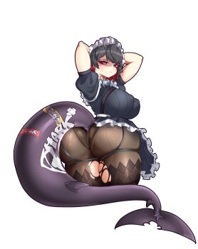 1girl absurdres annoyed arms_behind_head arms_up ass black_dress black_hair breasts brown_pantyhose closed_mouth colored_inner_hair cowboy_shot dot_mouth dress ellen_joe eyebrows eyelashes female_focus fins fish_tail frilled_dress frills from_behind from_side highres huge_ass large_breasts looking_at_viewer looking_back maid maid_headdress mihoyo miyako.noh multicolored_hair pantyhose red_eyes red_hair shaded_face shark_girl shark_tail short_hair short_sleeves simple_background solo tail thighs torn_clothes torn_pantyhose twisted_torso two-tone_dress two-tone_hair variant_set white_background white_dress zenless_zone_zero