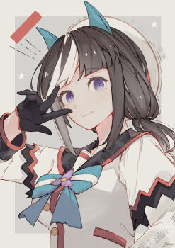 1girl absurdres animal_ears beret black_gloves bow braid breasts brown_hair closed_mouth commentary_request ear_covers gloves hat highres hokko_tarumae_(star_light_ship)_(umamusume) hokko_tarumae_(umamusume) horse_ears horse_girl jacket long_hair looking_at_viewer multicolored_hair plaid_clothes plaid_sailor_collar purple_eyes sailor_collar shikahisa_totani smile solo star_(symbol) striped_bow striped_hair twin_braids umamusume upper_body white_hair white_hat white_jacket
