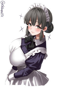 Rule 34 | 1girl, apron, artist name, black bow, black bowtie, blush, bow, bowtie, breasts, closed mouth, commentary request, dress, ebifurya, frilled apron, frills, from side, gloves, grey hair, hair between eyes, hair intakes, hair ornament, hairclip, highres, juliet sleeves, kantai collection, large breasts, light smile, long sleeves, looking at viewer, maid apron, maid headdress, myoukou (kancolle), one-hour drawing challenge, puffy sleeves, sidelocks, simple background, solo, twitter username, white apron, white background, white gloves