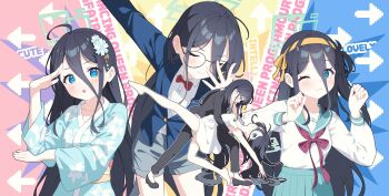 absurdly_long_hair absurdres aqua_halo araragi_tsukihi araragi_tsukihi_(cosplay) aris_(blue_archive) arrow_(symbol) bespectacled black_hair blazer blue_archive blue_eyes blue_jacket blue_kimono blue_sailor_collar blue_skirt commentary cosplay edogawa_conan glasses grey_shorts hair_between_eyes halo hare_hare_yukai highres jacket japanese_clothes kimono kita_high_school_uniform koi_wa_thrill_shock_suspense long_hair looking_at_viewer meitantei_conan monogatari_(series) multiple_persona nisemonogatari platinum_disco_(song) pleated_skirt sailor_collar school_uniform serafuku shorts skirt standing supersugar suzumiya_haruhi suzumiya_haruhi_(cosplay) suzumiya_haruhi_no_yuuutsu symbol-only_commentary very_long_hair