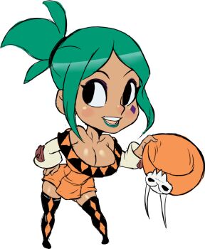 breasts cerebella_(skullgirls) chibi cleavage dark-skinned_female dark_skin dress facial_tattoo green_hair green_lips hat large_breasts leaning_forward ponytail short_dress skullgirls tattoo teevo thighhighs thighs