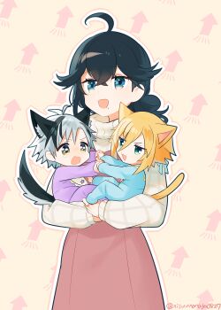 Rule 34 | 1girl, 2boys, :d, absurdres, aged down, ahoge, animal ears, bib, black hair, blonde hair, blue eyes, blush, brown background, brown dress, brown eyes, cat boy, cat ears, cat tail, dog boy, dog ears, dog tail, dress, fang, green eyes, grey hair, hair between eyes, highres, interlocked fingers, izumo kasumi (nijisanji), kemonomimi mode, mole, mole under mouth, multicolored hair, multiple boys, nijisanji, ninahachi, nose blush, onesie, open mouth, smile, streaked hair, suzuki masaru, sweater, tail, tears, turtleneck, turtleneck sweater, twitter username, uzuki kou, virtual youtuber, wavy mouth, white sweater