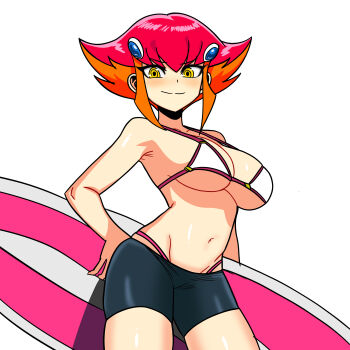 1girl arm_behind_back bike_shorts bikini blush breasts hand_on_own_hip highres kouzuki_anna large_breasts legs looking_at_viewer multicolored_hair navel orange_hair pink_hair short_hair sideboob smile solo surfboard swimsuit thighs thong_bikini two-tone_hair underboob whale_tail_(clothing) yellow_eyes yu-gi-oh!