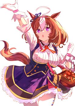 1girl absurdres ahoge animal_ears arm_up bag between_breasts blue_dress bow breasts brown_hair commentary_request cowboy_shot double-parted_bangs dress ear_ribbon gloves hair_between_eyes hairband headband highres horse_ears horse_girl horse_tail kanon_(user_rrhr4244) large_breasts long_sleeves looking_at_viewer meisho_doto_(turbulent_blue)_(umamusume) meisho_doto_(umamusume) multicolored_hair open_mouth pink_hairband pink_headband purple_eyes short_hair shoulder_bag simple_background strap_between_breasts tail two-tone_hair umamusume white_background white_dress white_gloves white_hair