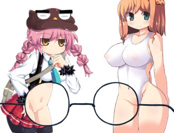 2girls animal_hat aqua_necktie bag bike_shorts braid breasts brown_hair choice_(xtmm5285) closed_mouth collarbone collared_shirt covered_erect_nipples cowboy_shot crossed_bangs from_side game_cg glasses green_eyes hair_between_eyes half_up_braid hand_on_own_chin hat henao_(lattice_sos!) jitome large_breasts large_variant_set lattice_(lattice_sos!) lattice_sos!_~happening&amp;panic~ leaning_forward long_hair long_sleeves low_twin_braids medium_breasts medium_hair multiple_girls necktie non-web_source one-piece_swimsuit pink_hair pleated_skirt pussy red_skirt scrunchie see-through_clothes see-through_one-piece_swimsuit shirt shorts shorts_under_skirt shoulder_bag side-by-side sidelocks simple_background skirt smile standing swimsuit transparent_background twin_braids underbust variant_set white_one-piece_swimsuit white_shirt wrist_scrunchie x-ray x-ray_glasses x-ray_vision yellow_eyes