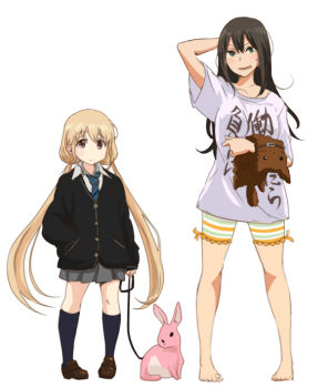 Rule 34 | 2girls, 71 (nanaichi drafting), animal collar, arm behind head, barefoot, bike shorts, black hair, black socks, blonde hair, blush, brown eyes, clothes writing, collar, cosplay, costume switch, full body, futaba anzu, futaba anzu (cosplay), green eyes, hand in pocket, idolmaster, idolmaster cinderella girls, kneehighs, leash, loafers, long hair, looking at viewer, low twintails, multiple girls, necktie, open mouth, pleated skirt, rabbit, school uniform, shibuya rin, shibuya rin (cosplay), shirt, shoes, simple background, skirt, socks, striped bike shorts, striped clothes, stuffed animal, stuffed dog, stuffed toy, sweatdrop, t-shirt, twintails, white background