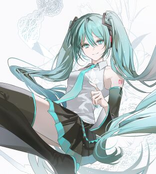 Rule 34 | 1girl, absurdres, aqua eyes, aqua hair, aqua nails, aqua necktie, artist logo, bare shoulders, black boots, black skirt, black sleeves, boots, bug, butterfly, butterfly on hand, chaseong, closed mouth, collared shirt, commentary, detached sleeves, feet out of frame, grey shirt, hair between eyes, hair ornament, hand up, hatsune miku, highres, index finger raised, insect, knees up, logo, long hair, looking at viewer, miniskirt, necktie, number tattoo, pleated skirt, ponytail, shirt, shoulder tattoo, skirt, sleeveless, sleeveless shirt, smile, solo, tattoo, thigh boots, very long hair, vocaloid, white background