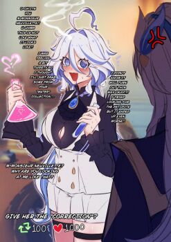 1boy 1girl @_@ ahoge alternate_breast_size_(larger) anger_vein angry ascot bell_sleeves black_ascot black_shirt blue_eyes blue_gemstone blue_hair blue_streaks blurry blurry_background blush bouncing_breasts breasts brooch button_gap buttons caught cleavage colored_inner_hair commentary double-breasted double-parted_bangs drooling embarrassed english_commentary english_text erlenmeyer_flask expressive_hair facing_away flask flustered furina_(genshin_impact) gem genshin_impact hair_between_eyes hair_intakes hands_up head_steam heart heterochromia highres holding holding_flask holding_test_tube indoors jewelry large_breasts like_and_retweet long_hair mamaprofennn motion_lines mouth_drool multicolored_hair nervous_sweating neuvillette_(genshin_impact) no_eyebrows nose_blush open_mouth potion shiny_skin shirt short_shorts shorts solo_focus standing sweat talking test_tube thigh_strap trembling two-tone_hair very_long_hair vest waistcoat white_hair white_shorts white_vest