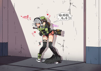 anby_demara backpack bag bare_shoulders belt black_gloves black_jacket black_thighhighs brown_eyes detached_sleeves female_masturbation fingerless_gloves gloves grey_hair headphones highres jacket masturbation midriff_peek navel nomad_(nzdz2788) open_mouth outdoors pleated_skirt pussy_juice sheath shoes short_hair skindentation skirt sneakers solo speech_bubble standing stomach sweatdrop thighhighs thighs translation_request unworn_skirt zenless_zone_zero zettai_ryouiki