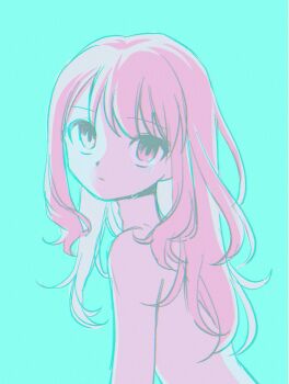 Rule 34 | 1other, akiyama mizuki, aqua background, chromatic aberration, commentary, crying, crying with eyes open, film grain, flat chest, from behind, hair between eyes, hair down, highres, long hair, looking at viewer, looking back, menma (enaic31), nude, other focus, parted lips, pink hair, project sekai, sidelocks, simple background, solo, swept bangs, tears, tears from one eye, upper body, upturned eyes