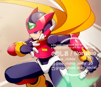 Rule 34 | 1boy, armor, blonde hair, blue eyes, cowboy shot, energy sword, helmet, highres, holding, holding sword, holding weapon, male focus, mega man (series), mega man zero (series), no-rishio, red armor, red helmet, solo, sword, watermark, weapon, zero(z) (mega man), zero (mega man)