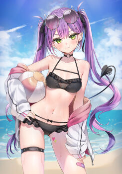 1girl absurdres alternate_costume ball bandaid_on_thigh barbell_piercing beachball bikini black_bikini black_choker blue_sky breasts center-flap_bangs choker closed_mouth cloud colored_inner_hair commentary_request contrapposto cowboy_shot day demon_girl demon_tail double-parted_bangs ear_piercing earclip eyewear_on_head fang frilled_bikini frills green_eyes hair_between_eyes hair_ornament hairclip hand_on_own_hip heart heart_tattoo highres holding holding_ball holding_beachball hololive industrial_piercing jacket jacket_partially_removed leg_tattoo long_hair looking_at_viewer multicolored_hair navel navel_piercing outdoors parallel_hairclips piercing pink_hair pointy_ears purple-tinted_eyewear purple_hair round_eyewear runlan_0329 skin_fang sky small_breasts smile solo spiked_ear_piercing streaked_hair sunglasses swimsuit tail tail_ornament tail_piercing tattoo teardrop-framed_glasses thigh_strap tinted_eyewear tokoyami_towa twintails virtual_youtuber wet white_jacket