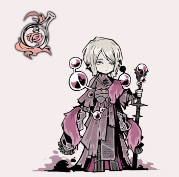 Rule 34 | absurdres, alchemy, dust cloud, e.g.o (project moon), faust (project moon), glass bottle, grey eyes, highres, holding, holding staff, limbus company, mage staff, paper, pink fur, project moon, staff, sword, teko1193, weapon, white background, white hair, zweihander