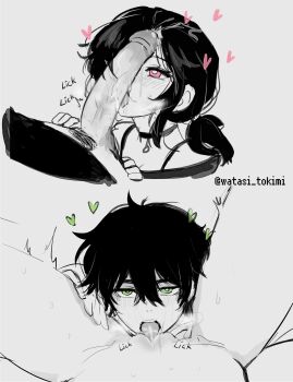 1boy 1girl andrew_graves ashley_graves black_hair blush brother_and_sister cunnilingus fellatio female_pov green_eyes greyscale hair_between_eyes heart hetero highres incest licking licking_penis male_pubic_hair monochrome multiple_tails open_mouth oral penis penis_on_face pink_eyes ponytail pov pubic_hair siblings simple_background sound_effects spot_color spread_legs stray_pubic_hair sweat switching tail the_coffin_of_andy_and_leyley tongue tongue_out twitter_username uncensored watasi_tokimi