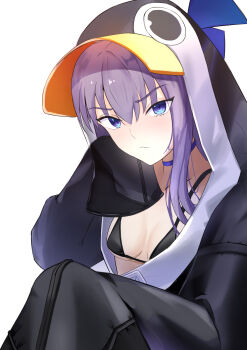 1girl absurdres animal_hood bare_shoulders bikini black_bikini black_jacket blue_bow blue_eyes blush bow breasts choker commentary_request fate/grand_order fate_(series) highres hood hood_up jacket long_hair long_sleeves looking_at_viewer meltryllis meltryllis_(fate) meltryllis_(swimsuit_lancer)_(fate) meltryllis_(swimsuit_lancer)_(first_ascension)_(fate) penguin_hood purple_hair sleeves_past_fingers sleeves_past_wrists small_breasts solo swimsuit very_long_hair yugusan5