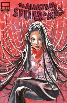 1girl art_of_ellery black_bodysuit black_hair bodysuit cindy_moon commentary copyright_logo copyright_name cover_sketch crossed_legs english_commentary grey_eyes highres invisible_chair logo long_hair looking_at_viewer marvel multicolored_bodysuit neckerchief red_background red_lips red_neckerchief silk silk_(marvel) sitting solo spider-man_(series) spider-verse spider_web spider_web_print superhero_costume traditional_media very_long_hair white_bodysuit