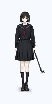 1girl absurdres arms_at_sides black_eyes black_hair black_sailor_collar black_serafuku black_shirt black_socks bloodshot_eyes bob_cut breast_pocket brown_shoes closed_mouth commentary english_commentary expressionless feint721 full_body grey_background high-waist_skirt highres holding holding_lead_pipe kneehighs lead_pipe left-handed loafers long_sleeves looking_at_viewer miniskirt neckerchief pleated_skirt pocket red_neckerchief sailor_collar sailor_shirt school_uniform serafuku shimizu_hinako shirt shoes short_hair silent_hill_(series) silent_hill_f simple_background skirt sleeve_cuffs socks solo standing straight-on swept_bangs tachi-e winter_uniform