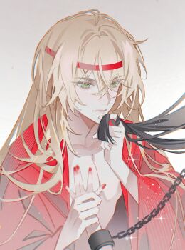 1boy 1girl alkaid_mcgrath alkaid_mcgrath_(love_tome) black_hair blonde_hair blunt_ends chain chained_wrists chinese_clothes chinese_commentary closed_mouth commentary_request gradient_background green_eyes grey_background guided_pectoral_grab guiding_hand hair_between_eyes hand_on_another&#039;s_chest hanfu headband heroine_(lovebrush_chronicles) hetero highres holding_another&#039;s_hair holding_another&#039;s_wrist long_hair long_sleeves looking_at_another lovebrush_chronicles male_focus nail_polish official_alternate_costume open_clothes open_robe out_of_frame red_hanfu red_headband red_nails red_robe robe simple_background smile solo_focus tengyuan_bei_ze upper_body white_background wide_sleeves