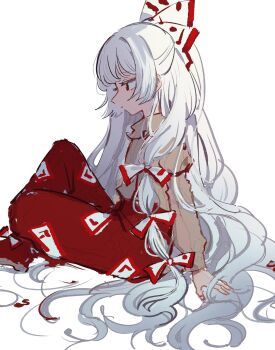 Rule 34 | 1girl, bow, brown shirt, commentary, fujiwara no mokou, grey hair, hair bow, highres, long hair, long sleeves, mozukuzu (manukedori), multiple hair bows, ofuda, ofuda on clothes, pants, red eyes, red pants, shirt, simple background, sitting, sketch, solo, touhou, very long hair, white background, white bow
